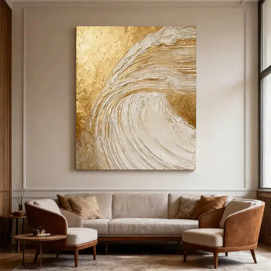 Shimmering Gold & Cream Wave Textured Abstract Canvas Art Artmeto Wood wall art