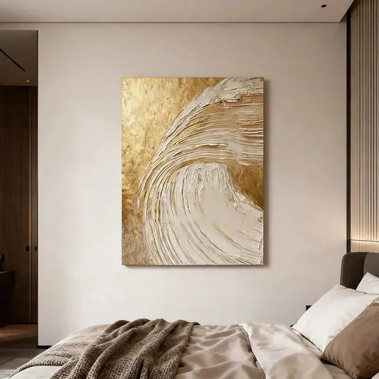 Shimmering Gold & Cream Wave Textured Abstract Canvas Art Artmeto Wood wall art