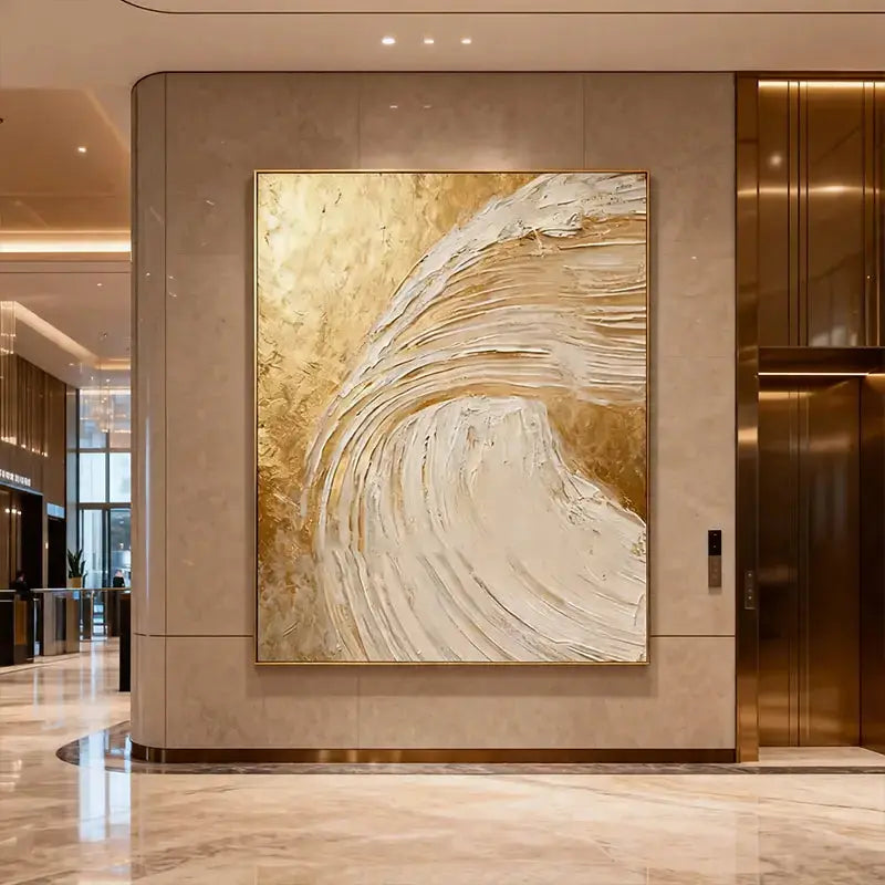 Shimmering Gold & Cream Wave Textured Abstract Canvas Art Artmeto Wood wall art