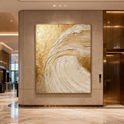 Shimmering Gold & Cream Wave Textured Abstract Canvas Art Artmeto Wood wall art