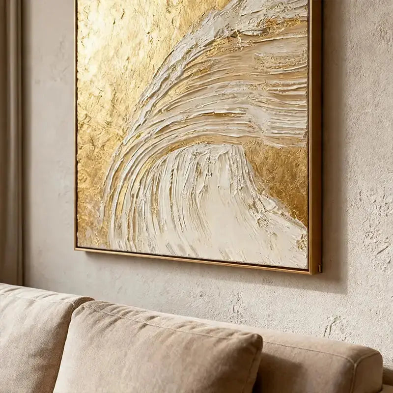 Shimmering Gold & Cream Wave Textured Abstract Canvas Art Artmeto Wood wall art