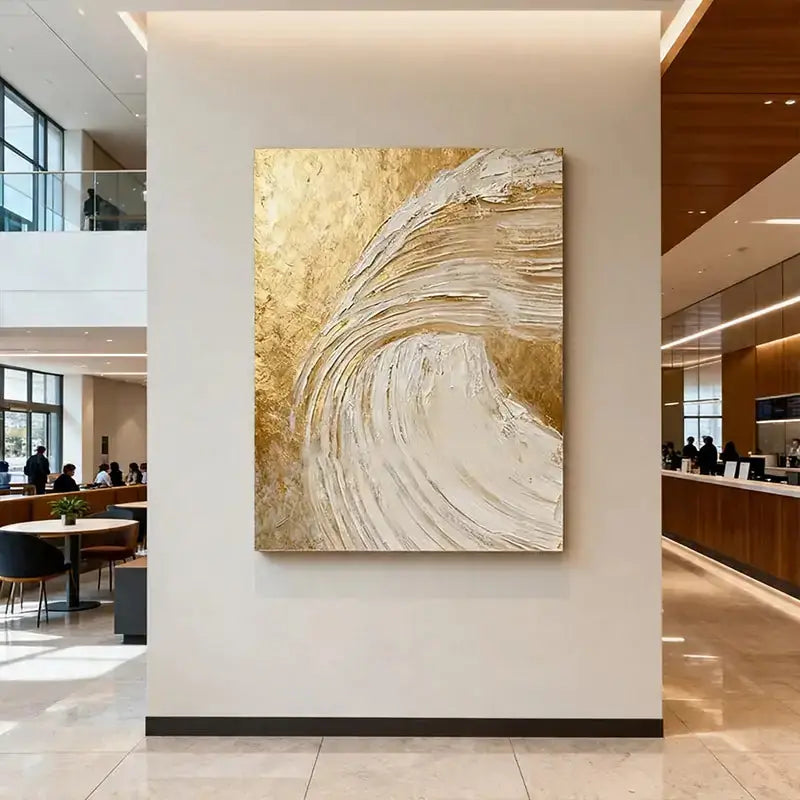 Shimmering Gold & Cream Wave Textured Abstract Canvas Art Artmeto Wood wall art