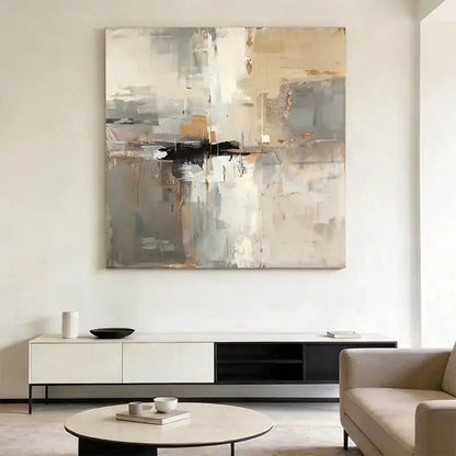 Soft Grey & Taupe Abstract Impasto Wall Decor with Black Accent Artmeto Wood wall art