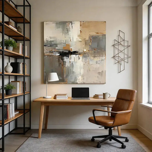 Soft Grey & Taupe Abstract Impasto Wall Decor with Black Accent Artmeto Wood wall art