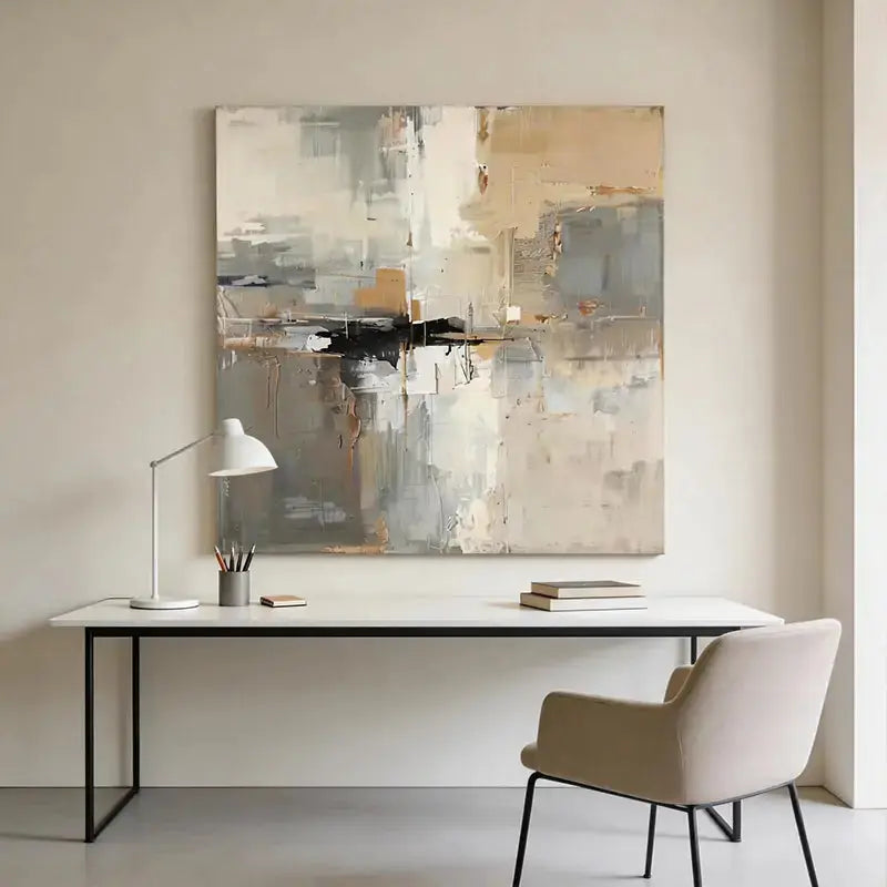 Soft Grey & Taupe Abstract Impasto Wall Decor with Black Accent Artmeto Wood wall art