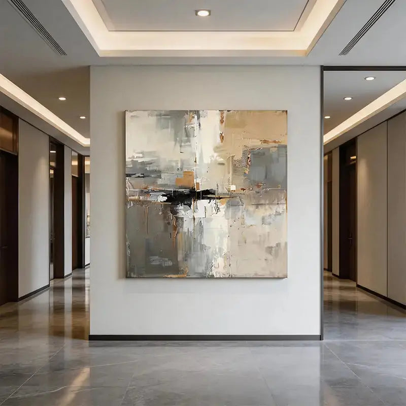 Soft Grey & Taupe Abstract Impasto Wall Decor with Black Accent Artmeto Wood wall art