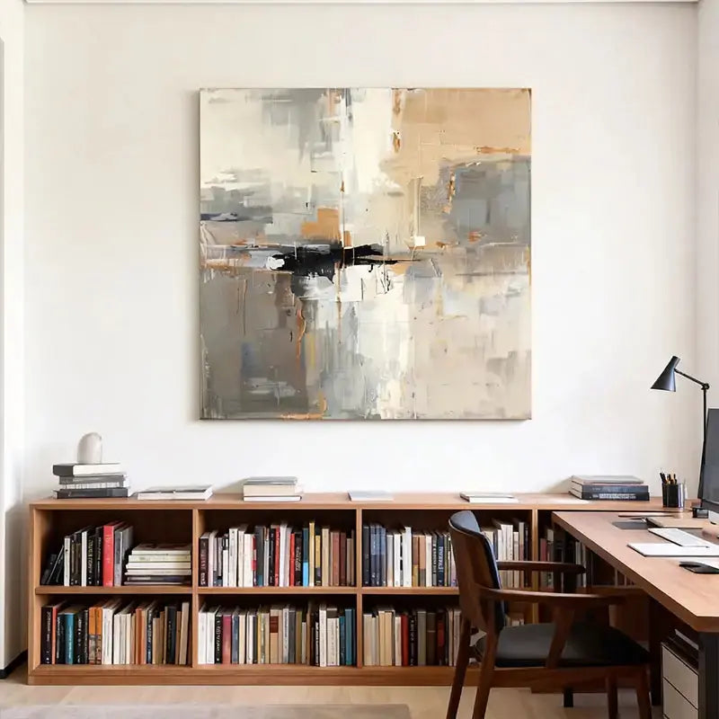 Soft Grey & Taupe Abstract Impasto Wall Decor with Black Accent Artmeto Wood wall art