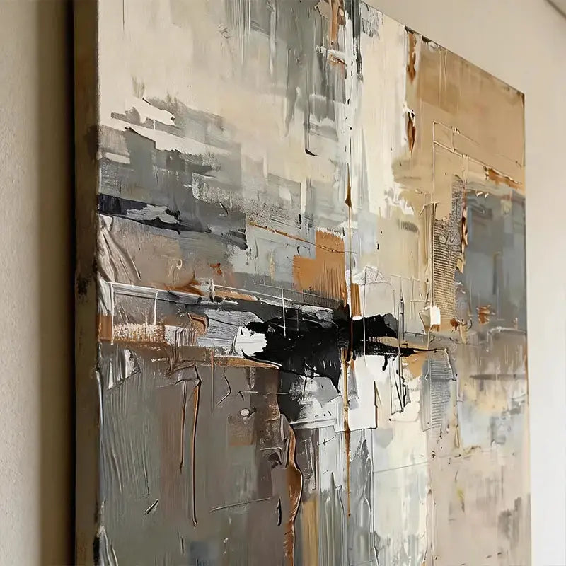 Soft Grey & Taupe Abstract Impasto Wall Decor with Black Accent Artmeto Wood wall art