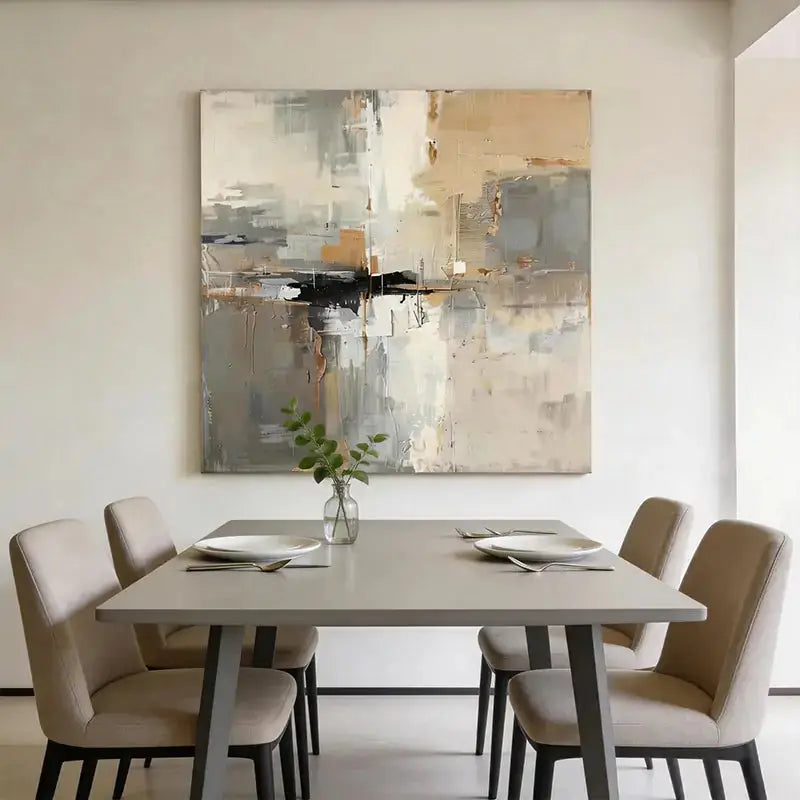 Soft Grey & Taupe Abstract Impasto Wall Decor with Black Accent Artmeto Wood wall art