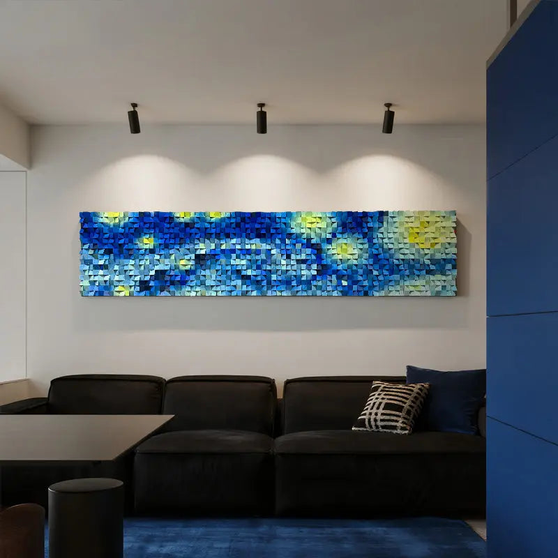Starry Night 3D Geometric Mosaic Wall Art Blue Yellow Decor-Artmeto Artmeto Wood wall art