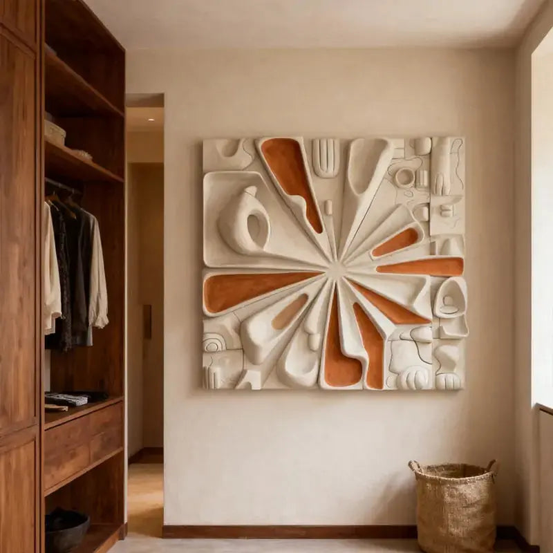 Sunburst Terracotta & Cream Abstract Radial Textured 3D Relief Wall Art Artmeto Wood wall art