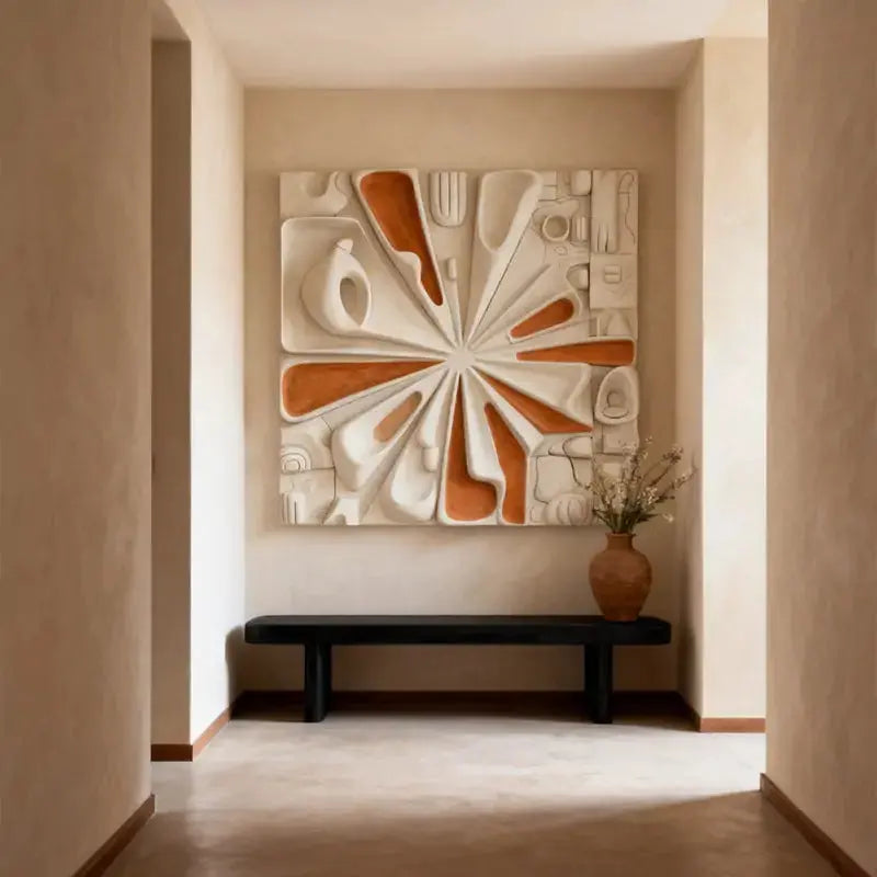 Sunburst Terracotta & Cream Abstract Radial Textured 3D Relief Wall Art Artmeto Wood wall art