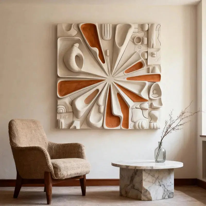 Sunburst Terracotta & Cream Abstract Radial Textured 3D Relief Wall Art Artmeto Wood wall art