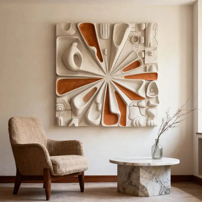 Sunburst Terracotta & Cream Abstract Radial Textured 3D Relief Wall Art Artmeto Wood wall art