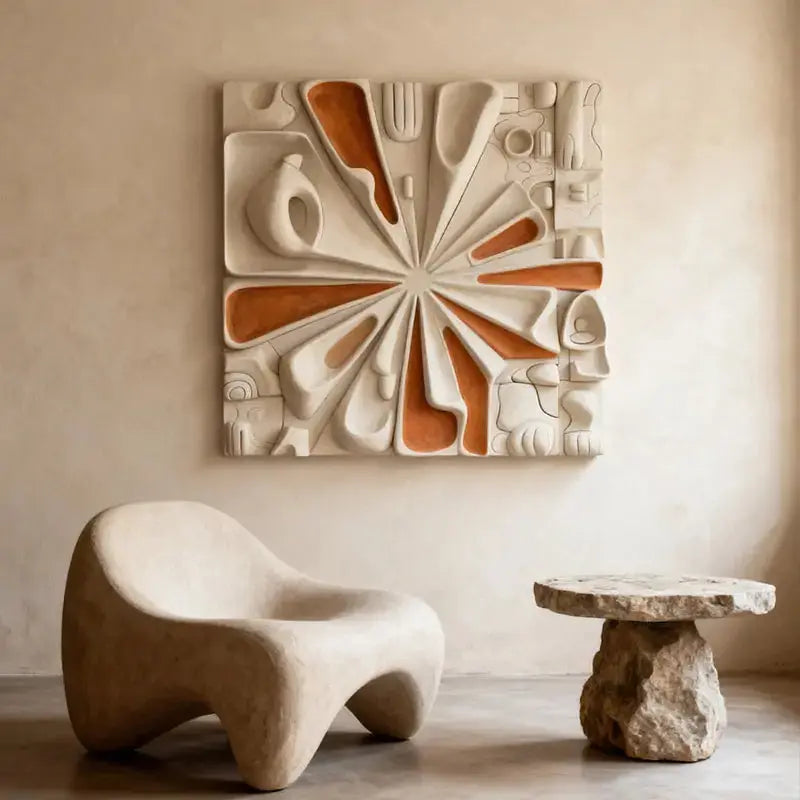 Sunburst Terracotta & Cream Abstract Radial Textured 3D Relief Wall Art Artmeto Wood wall art
