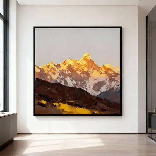 Sunlit Golden Mountain Abstract Oil Painting - Textured Landscape Wall Art for Living Room Artmeto Wood wall art