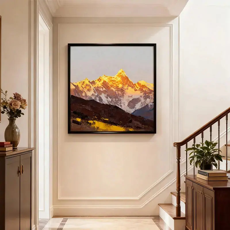 Sunlit Golden Mountain Abstract Oil Painting - Textured Landscape Wall Art for Living Room Artmeto Wood wall art