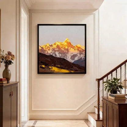 Sunlit Golden Mountain Abstract Oil Painting - Textured Landscape Wall Art for Living Room Artmeto Wood wall art