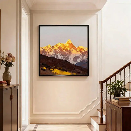 Sunlit Golden Mountain Abstract Oil Painting - Textured Landscape Wall Art for Living Room Artmeto Wood wall art