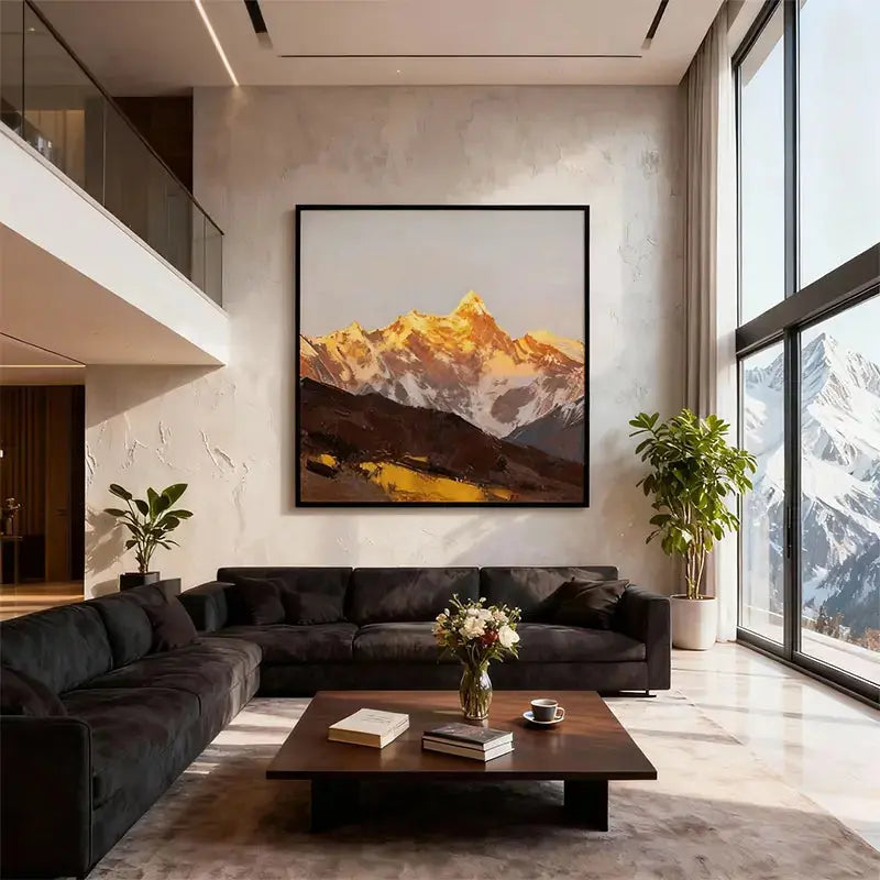 Sunlit Golden Mountain Abstract Oil Painting - Textured Landscape Wall Art for Living Room Artmeto Wood wall art