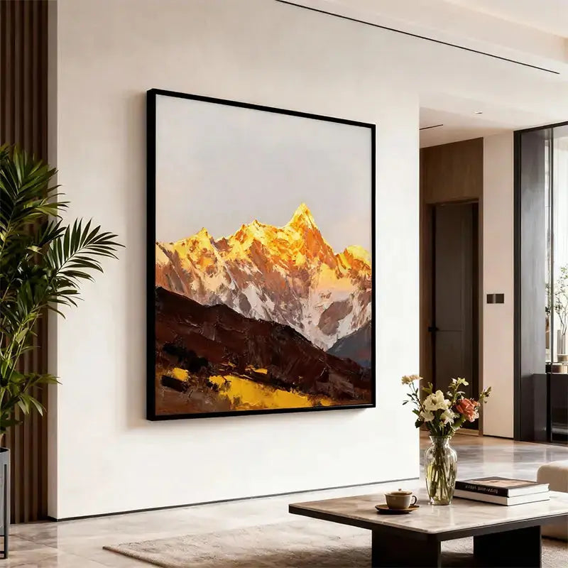 Sunlit Golden Mountain Abstract Oil Painting - Textured Landscape Wall Art for Living Room Artmeto Wood wall art