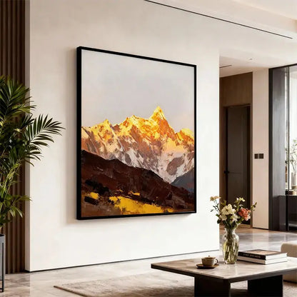 Sunlit Golden Mountain Abstract Oil Painting - Textured Landscape Wall Art for Living Room Artmeto Wood wall art