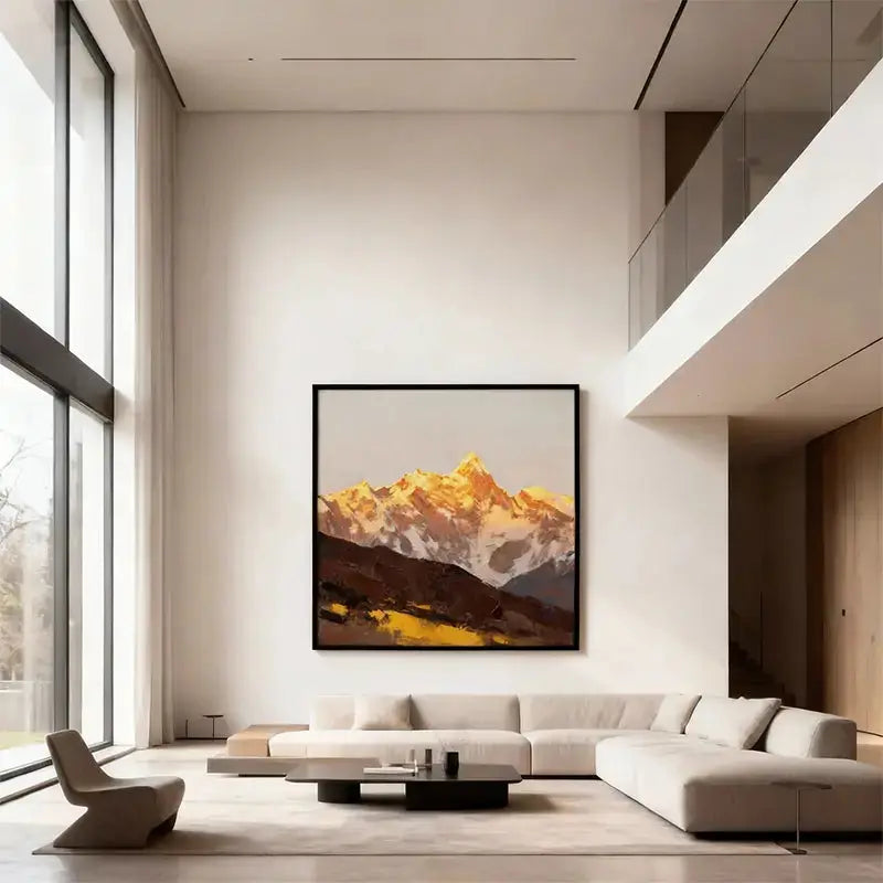 Sunlit Golden Mountain Abstract Oil Painting - Textured Landscape Wall Art for Living Room Artmeto Wood wall art