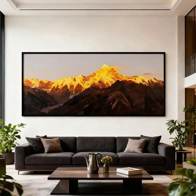 Sunlit Golden Mountain Peak Oil Painting - Large Textured Landscape Wall Art Artmeto Wood wall art