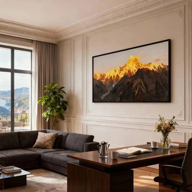Sunlit Golden Mountain Peak Oil Painting - Large Textured Landscape Wall Art Artmeto Wood wall art