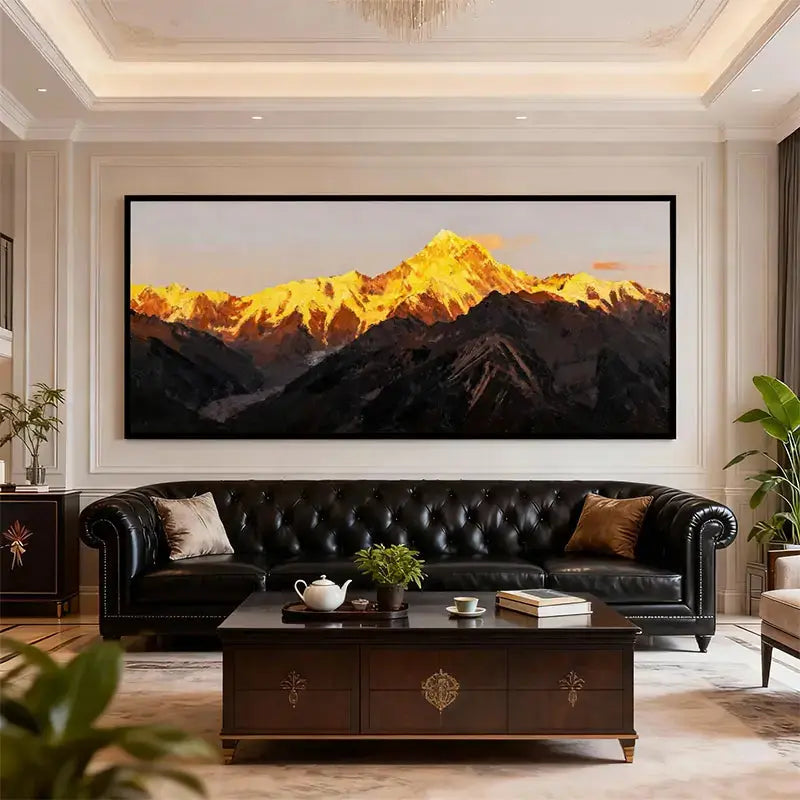 Sunlit Golden Mountain Peak Oil Painting - Large Textured Landscape Wall Art Artmeto Wood wall art