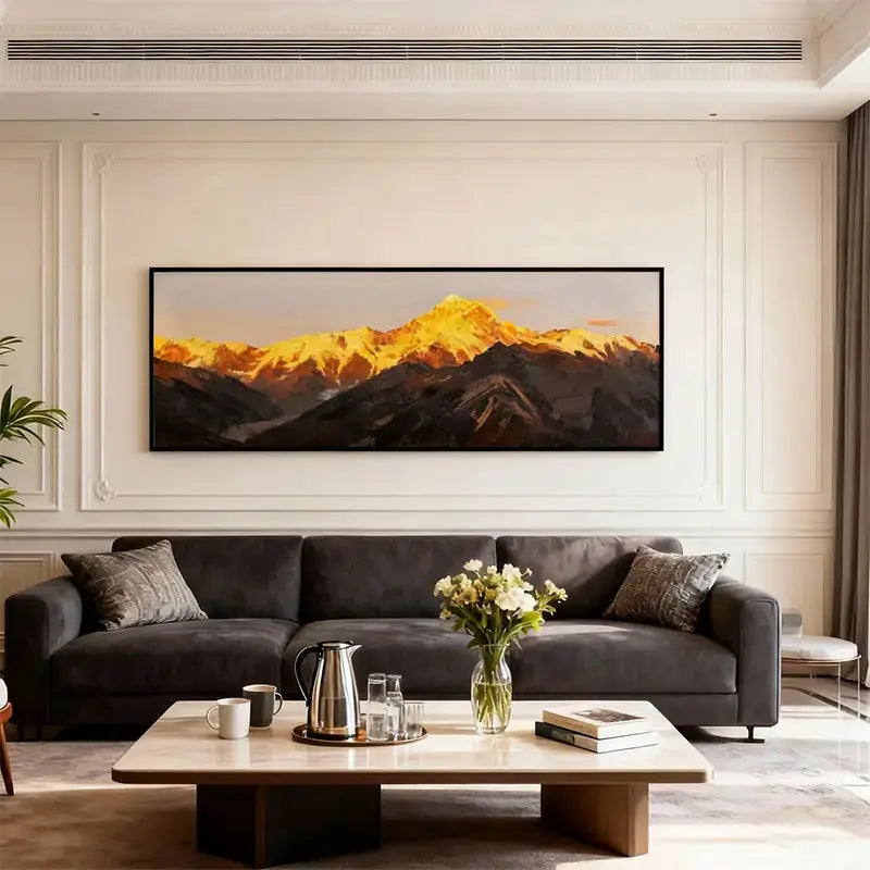 Sunlit Golden Mountain Peak Oil Painting - Large Textured Landscape Wall Art Artmeto Wood wall art