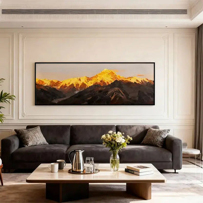 Sunlit Golden Mountain Peak Oil Painting - Large Textured Landscape Wall Art Artmeto Wood wall art
