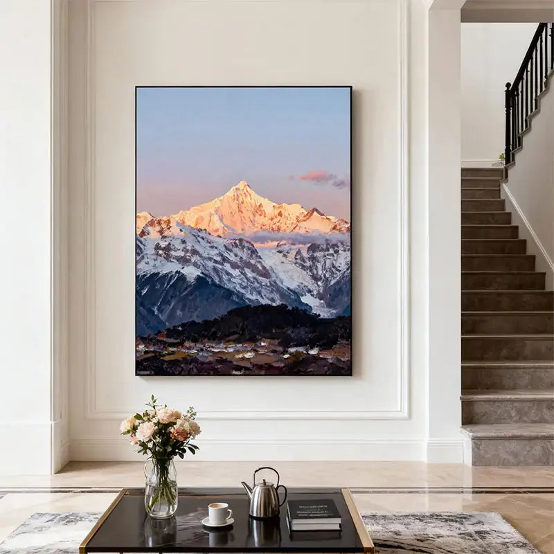 Sunrise Snow Mountain Peak Oil Painting - Textured Himalayan Landscape Wall Art for Home Decor Artmeto Wood wall art