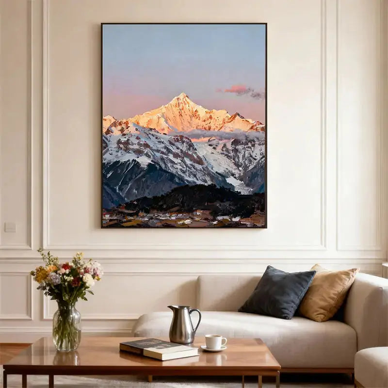 Sunrise Snow Mountain Peak Oil Painting - Textured Himalayan Landscape Wall Art for Home Decor Artmeto Wood wall art
