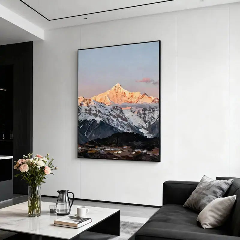 Sunrise Snow Mountain Peak Oil Painting - Textured Himalayan Landscape Wall Art for Home Decor Artmeto Wood wall art