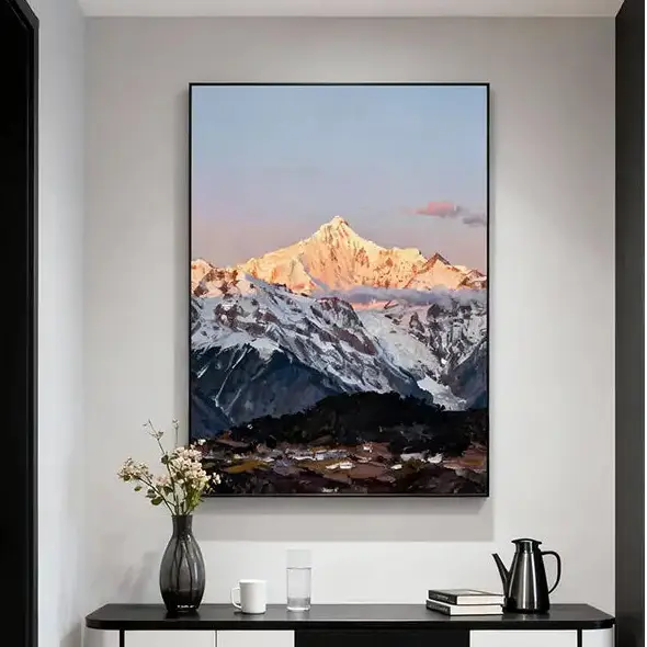 Sunrise Snow Mountain Peak Oil Painting - Textured Himalayan Landscape Wall Art for Home Decor Artmeto Wood wall art