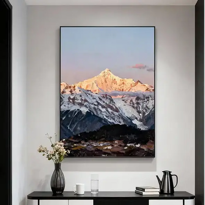 Sunrise Snow Mountain Peak Oil Painting - Textured Himalayan Landscape Wall Art for Home Decor Artmeto Wood wall art