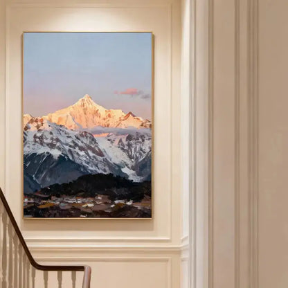 Sunrise Snow Mountain Peak Oil Painting - Textured Himalayan Landscape Wall Art for Home Decor Artmeto Wood wall art