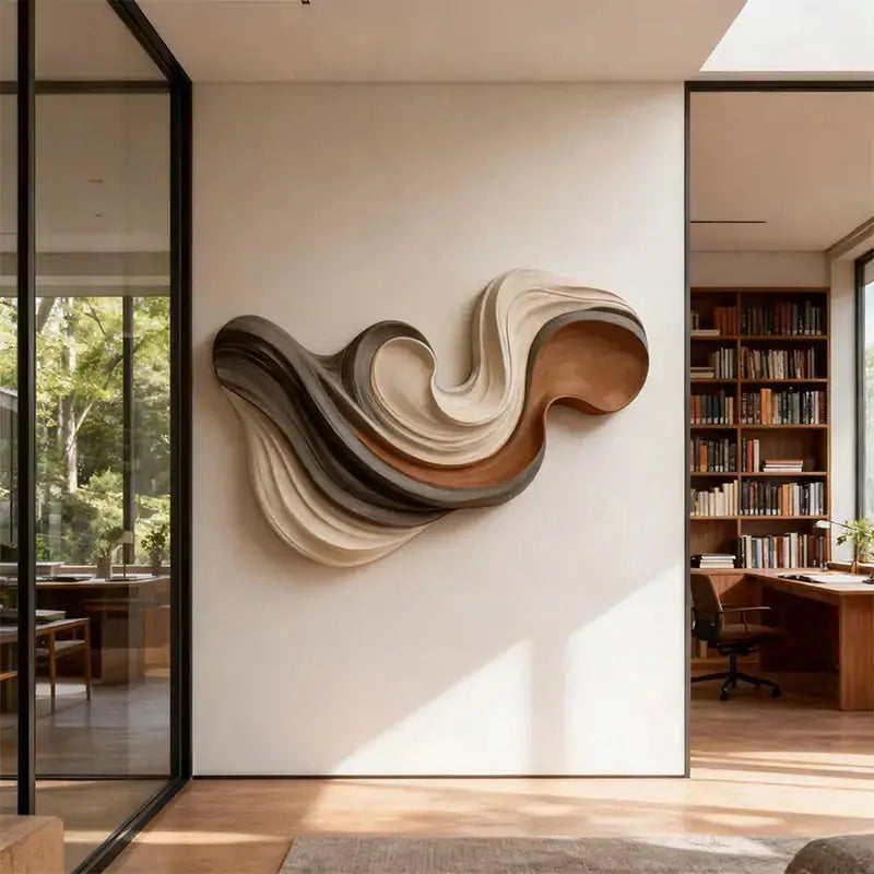 Swirl Layered Wood Wall Sculpture in Charcoal Cream & Terracotta | Textured 3D Artmeto Wood wall art