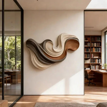 Swirl Layered Wood Wall Sculpture in Charcoal Cream & Terracotta | Textured 3D Artmeto Wood wall art