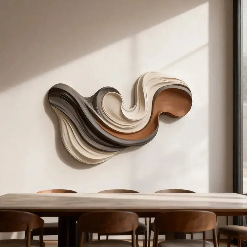 Swirl Layered Wood Wall Sculpture in Charcoal Cream & Terracotta | Textured 3D Artmeto Wood wall art