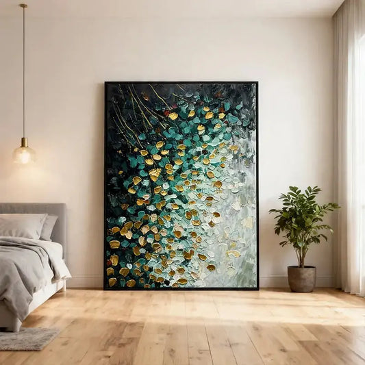 Teal Gold Abstract Painting – Cascading Petal Oil Artwork Artmeto Wood wall art