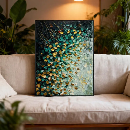 Teal Gold Abstract Painting – Cascading Petal Oil Artwork Artmeto Wood wall art