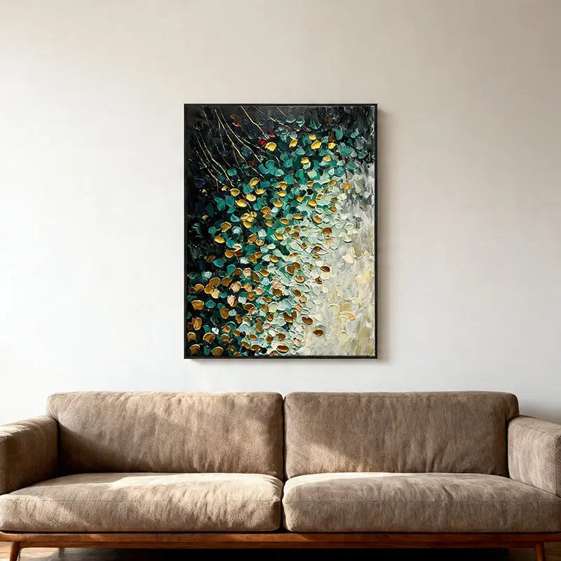 Teal Gold Abstract Painting – Cascading Petal Oil Artwork Artmeto Wood wall art