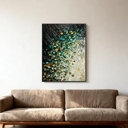 Teal Gold Abstract Painting – Cascading Petal Oil Artwork Artmeto Wood wall art