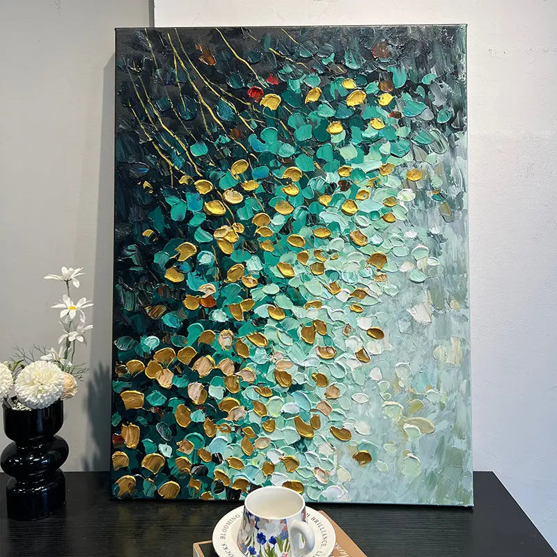 Teal Gold Abstract Painting – Cascading Petal Oil Artwork Artmeto Wood wall art
