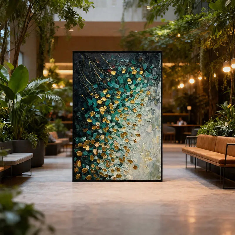 Teal Gold Abstract Painting – Cascading Petal Oil Artwork Artmeto Wood wall art