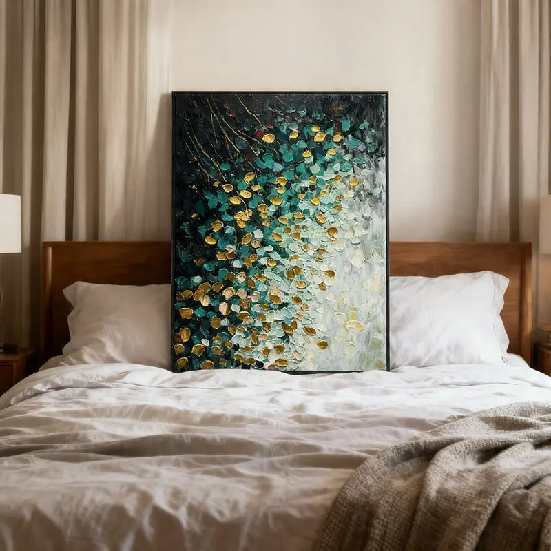 Teal Gold Abstract Painting – Cascading Petal Oil Artwork Artmeto Wood wall art