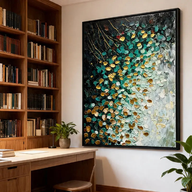 Teal Gold Abstract Painting – Cascading Petal Oil Artwork Artmeto Wood wall art
