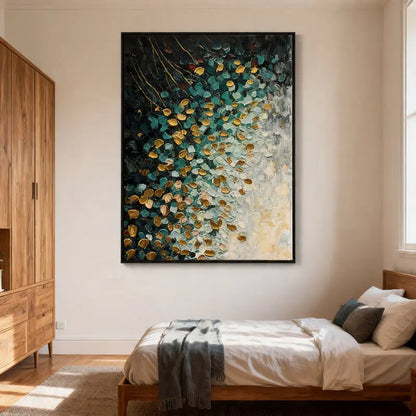 Teal Gold Abstract Painting – Cascading Petal Oil Artwork Artmeto Wood wall art